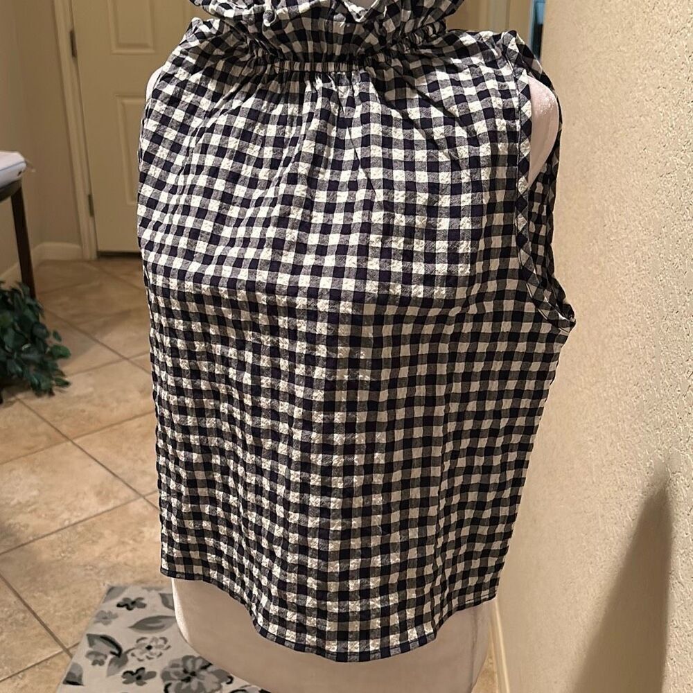 Felicite Size S Ruffle Collar Sleeveless Top Navy White Ginham Plaid Cottagecore